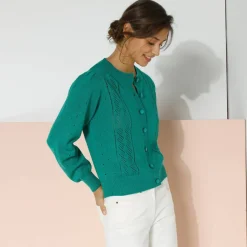 Cardigan boutonné, maille ajourée