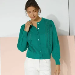 Cardigan boutonné, maille ajourée