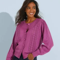 Cardigan boutonné, maille ajourée