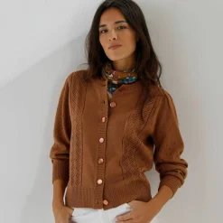 Cardigan boutonné, maille ajourée