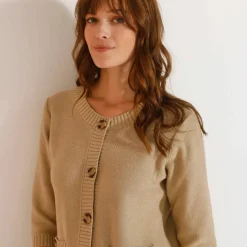 Cardigan boutonné à poches, manches coude