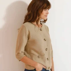 Cardigan boutonné à poches, manches coude