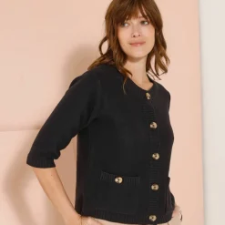 Cardigan boutonné à poches, manches coude