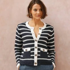 Cardigan rayé boutonné à poches