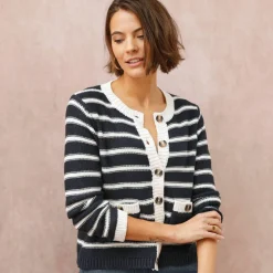 Cardigan rayé boutonné à poches