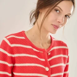 Cardigan rayé à boutons officier, maille fantaisie.