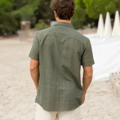 Chemise coton lin manches courtes boutonnée