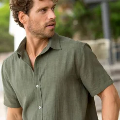 Chemise coton lin manches courtes boutonnée