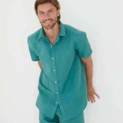 Chemise coton lin manches courtes boutonnée