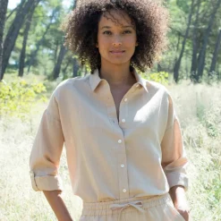 Chemise en coton-lin, manches longues retroussables