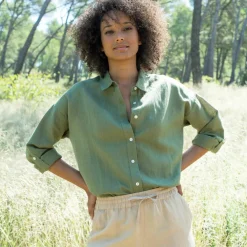 Chemise en coton-lin, manches longues retroussables