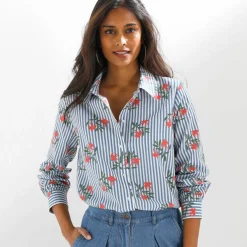 Chemise imprimé rayé et oiseaux