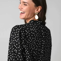 Chemisier boutonné à détails smockés, imprimé mini pois