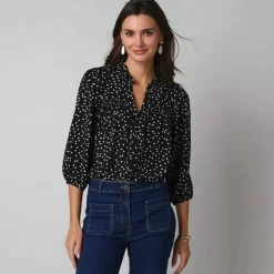 Chemisier boutonné à détails smockés, imprimé mini pois