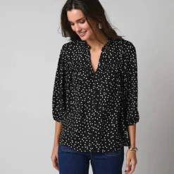 Chemisier boutonné à détails smockés, imprimé mini pois