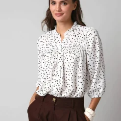 Chemisier boutonné à détails smockés, imprimé mini pois