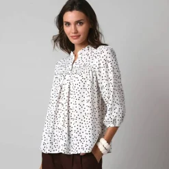 Chemisier boutonné à détails smockés, imprimé mini pois