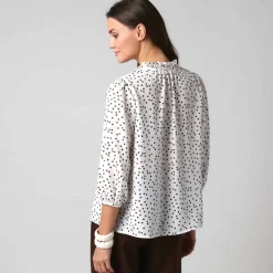 Chemisier boutonné à détails smockés, imprimé mini pois