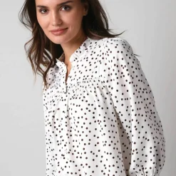Chemisier boutonné à détails smockés, imprimé mini pois