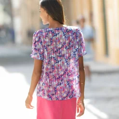 Chemisier boutonné manches blousantes imprimé, voile jacquard