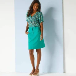 Chemisier boutonné manches blousantes imprimé, voile jacquard
