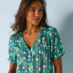 Chemisier boutonné manches blousantes imprimé, voile jacquard