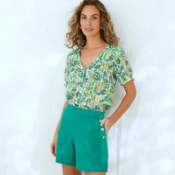 Chemisier boutonné manches blousantes imprimé, voile jacquard