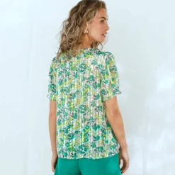 Chemisier boutonné manches blousantes imprimé, voile jacquard