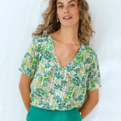 Chemisier boutonné manches blousantes imprimé, voile jacquard