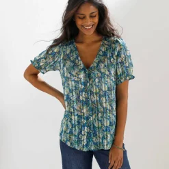 Chemisier boutonné manches blousantes imprimé, voile jacquard