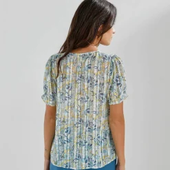 Chemisier boutonné manches blousantes imprimé, voile jacquard