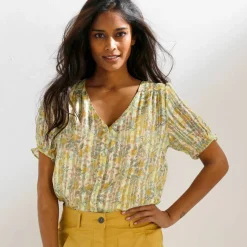 Chemisier boutonné manches blousantes imprimé, voile jacquard