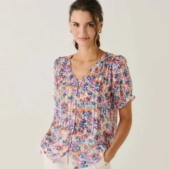Chemisier boutonné manches blousantes imprimé, voile jacquard