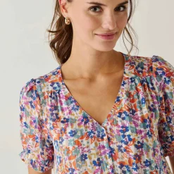 Chemisier boutonné manches blousantes imprimé, voile jacquard