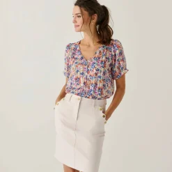 Chemisier boutonné manches blousantes imprimé, voile jacquard