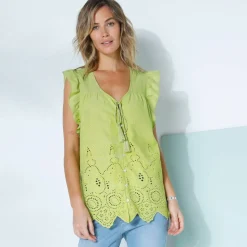 Chemisier boutonné uni, broderie anglaise