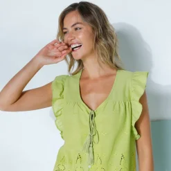 Chemisier boutonné uni, broderie anglaise