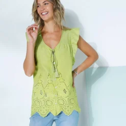 Chemisier boutonné uni, broderie anglaise