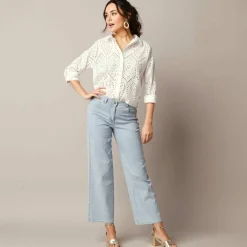 Chemisier broderie anglaise, manches longues