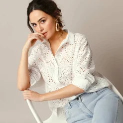 Chemisier broderie anglaise, manches longues