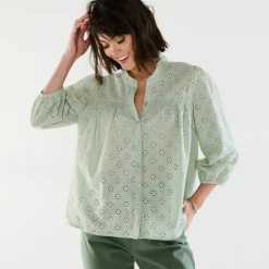 Chemisier broderie anglaise, smocks et col volanté