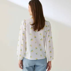 Chemisier col rond imprimé citrons, manches longues blousantes