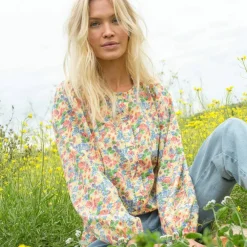 Chemisier col rond imprimé fleuri, manches longues blousantes