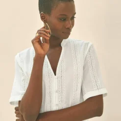 Chemisier col tunisien en broderie anglaise, manches courtes