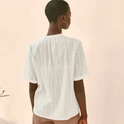 Chemisier col tunisien en broderie anglaise, manches courtes
