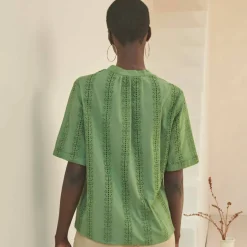 Chemisier col tunisien en broderie anglaise, manches courtes