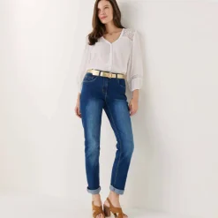 Chemisier col V boutonné, crépon fluide macramé