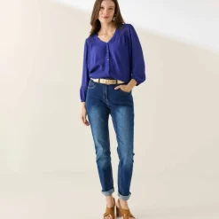 Chemisier col V boutonné, crépon fluide macramé