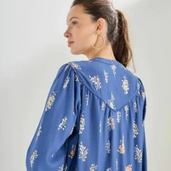 Chemisier fluide à plastron froncé, imprimé bouquets