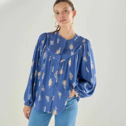 Chemisier fluide à plastron froncé, imprimé bouquets